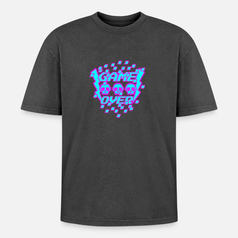 Game Over Pixel - Oversized Unisex Premium Acid-Washed T-Shirt - Schwarz Acid Wash