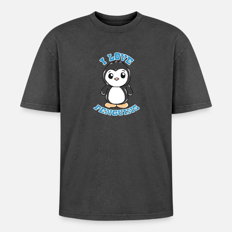 Pinguin - Oversized Unisex Premium Acid-Washed T-Shirt - Schwarz Acid Wash