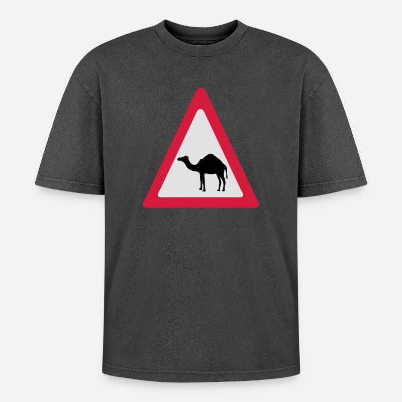Caution Camel Traffic Sign - Oversized Unisex Premium Acid-Washed T-Shirt - acid washed black