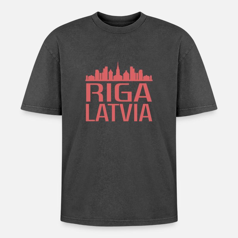 Stilvolle Riga Skyline Illustration - Oversized Unisex Premium Acid-Washed T-Shirt - Schwarz Acid Wash