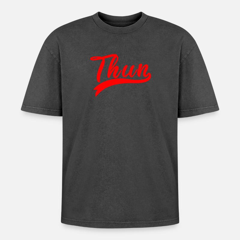 Thun Script Red Logo - Oversized Unisex Premium Acid-Washed T-Shirt - acid washed black