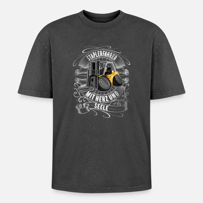 Staplerfahrer - Oversized Unisex Premium Acid-Washed T-Shirt - Schwarz Acid Wash
