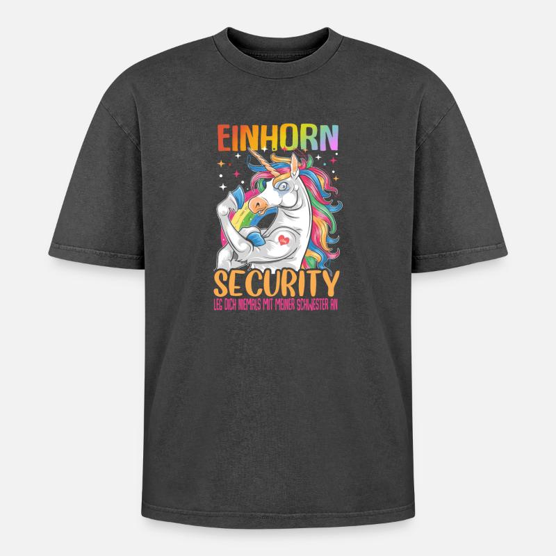 Einhorn Security Schwester - Oversized Unisex Premium Acid-Washed T-Shirt - Schwarz Acid Wash