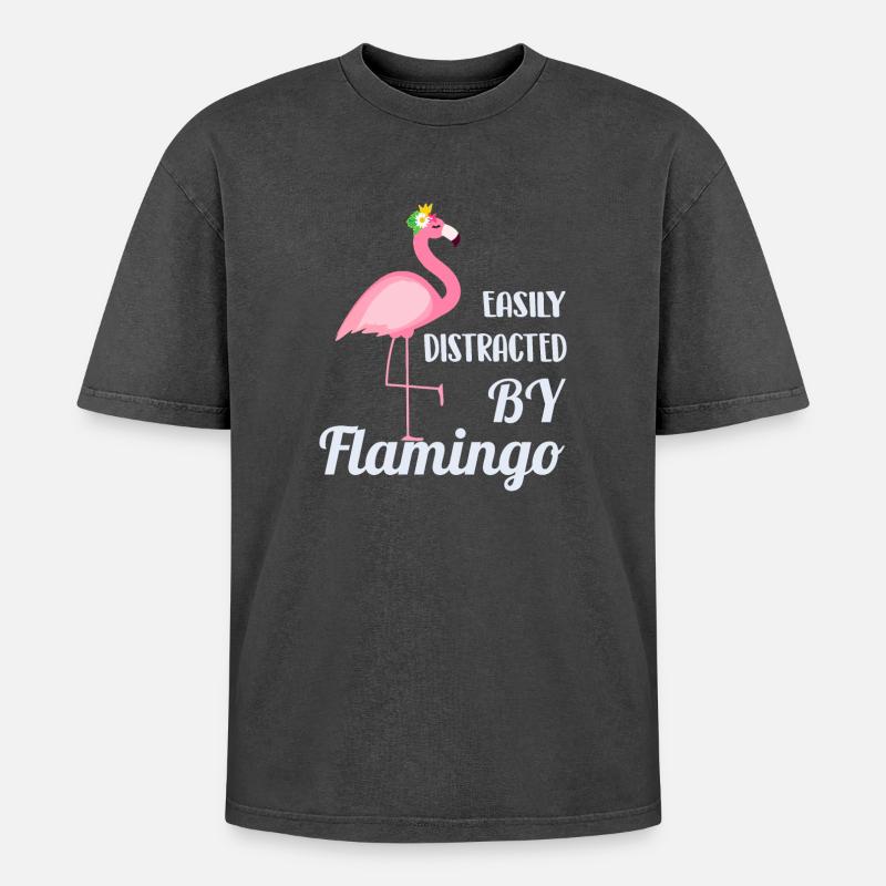 Flamingo - Oversized Unisex Premium Acid-Washed T-Shirt - Schwarz Acid Wash