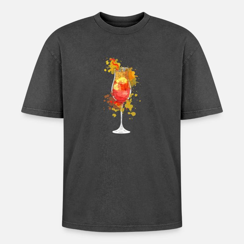 Aperolspritz Cocktail - Oversized Unisex Premium Acid-Washed T-Shirt - Schwarz Acid Wash