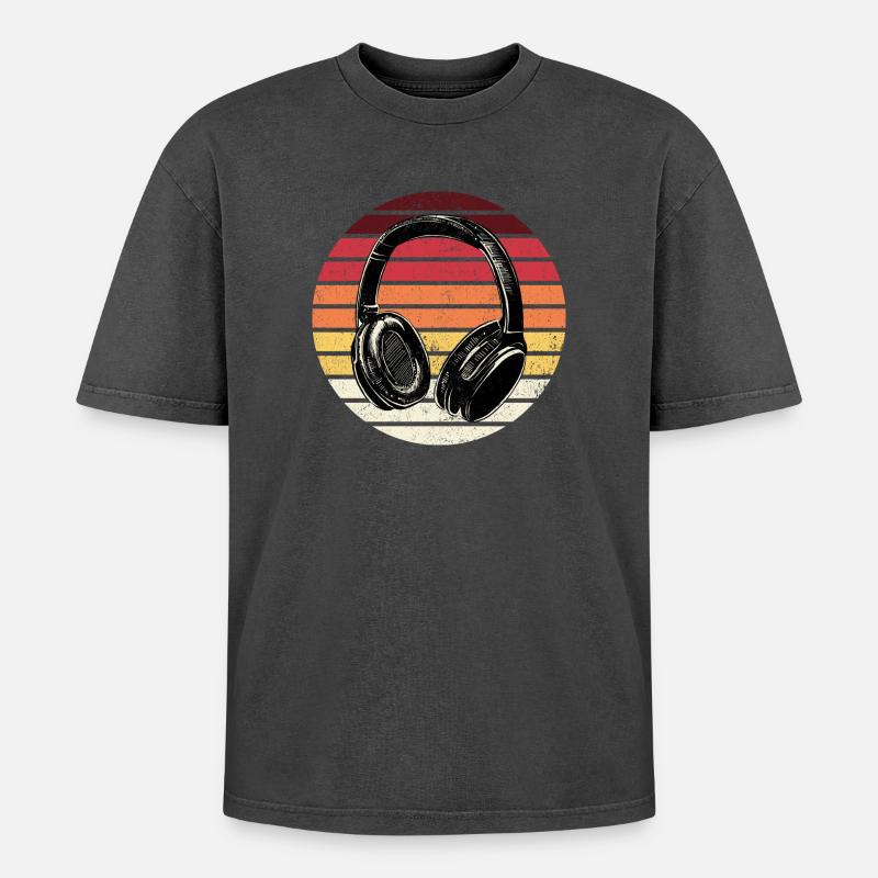 Retro Sunset Kopfhörer - Oversized Unisex Premium Acid-Washed T-Shirt - Schwarz Acid Wash