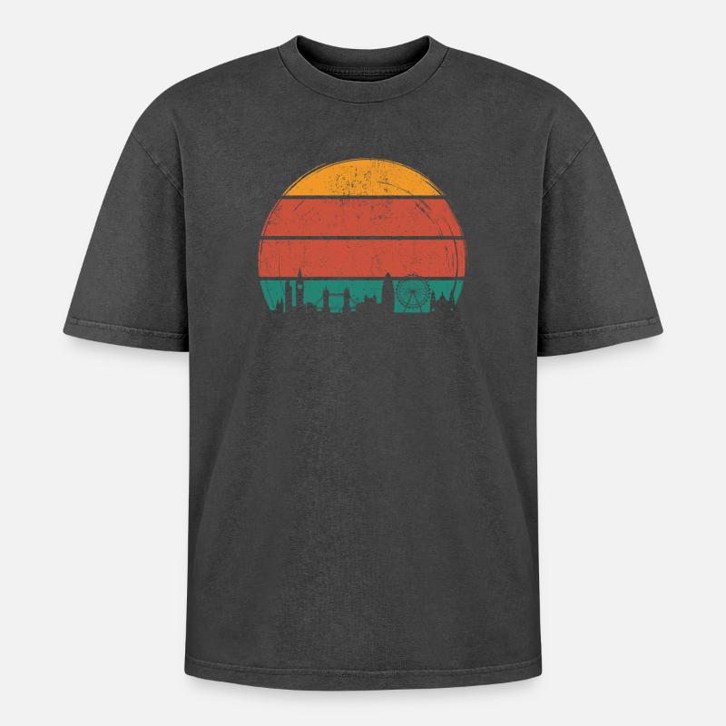 Sunset Skyline Silhouette - Oversized Unisex Premium Acid-Washed T-Shirt - acid washed black