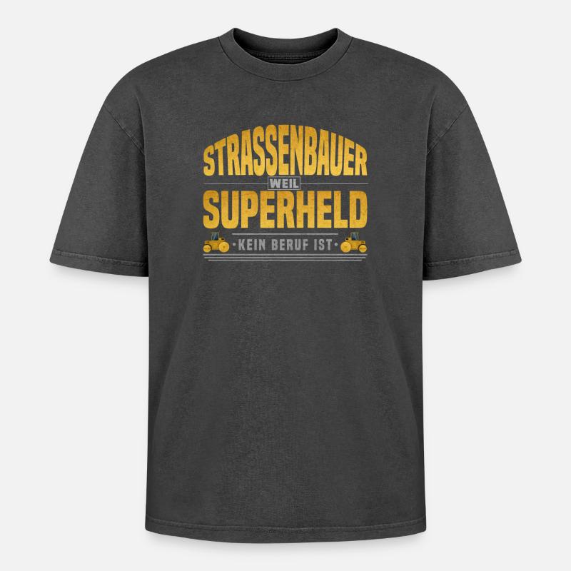 Strassenbauer Superheld - Oversized Unisex Premium Acid-Washed T-Shirt - Schwarz Acid Wash
