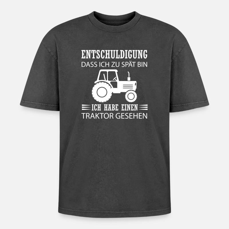 Ich habe einen Traktor gesehen - Oversized Unisex Premium Acid-Washed T-Shirt - Schwarz Acid Wash