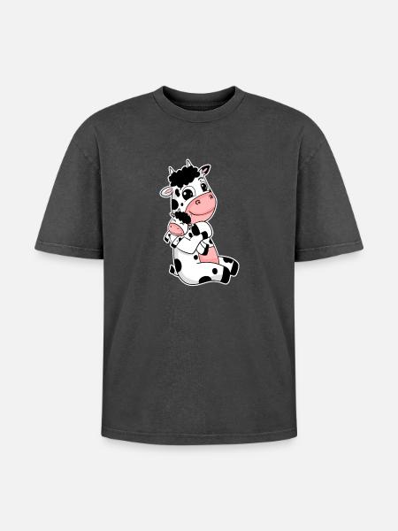 Ko Familie - Ko med Baby - Ko Motiv - Unisex oversized Premium T-shirt med acid-washed effekt - sort syrevasket