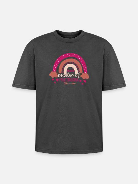 Mom Queen of Rainbow Multitasking - Oversized Unisex Premium Acid-Washed T-Shirt - acid washed black
