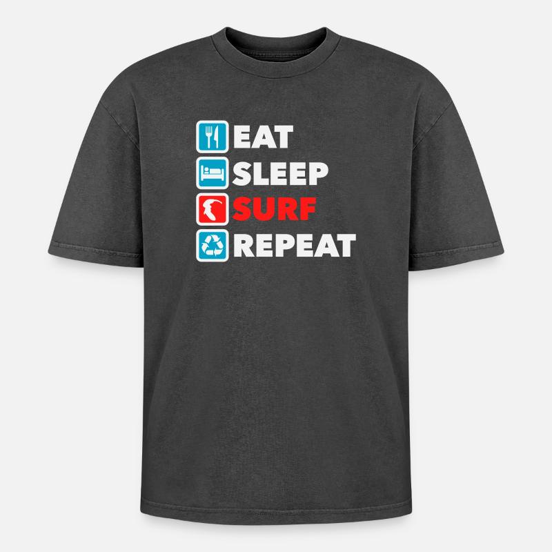 Eat Sleep Surf Repeat - Oversized Unisex Premium Acid-Washed T-Shirt - Schwarz Acid Wash