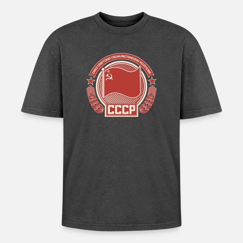 Soviet Emblem Wreath Flag Pattern - Oversized Unisex Premium Acid-Washed T-Shirt - acid washed black