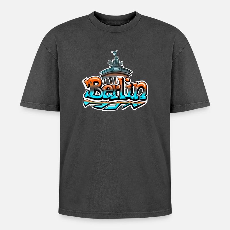 Berlin Graffiti Schriftzug - Oversized Unisex Premium Acid-Washed T-Shirt - Schwarz Acid Wash