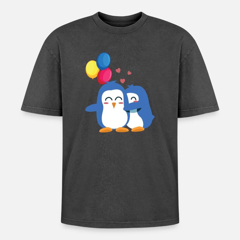 Pinguine mit Luftballons - Oversized Unisex Premium Acid-Washed T-Shirt - Schwarz Acid Wash