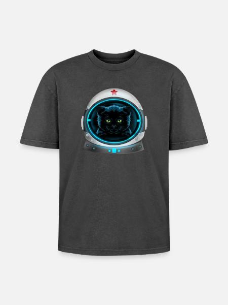 angry space cat astronaut - Oversized Unisex Premium Acid-Washed T-Shirt - acid washed black