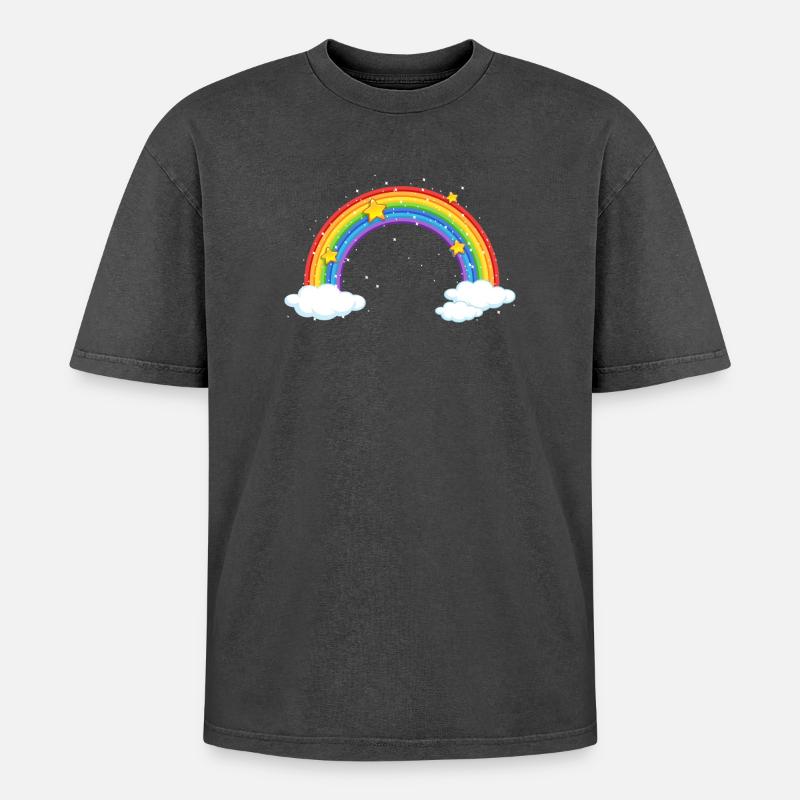 Bright Cartoon Rainbow with Clouds - Oversized Unisex Premium Acid-Washed T-Shirt - acid washed black