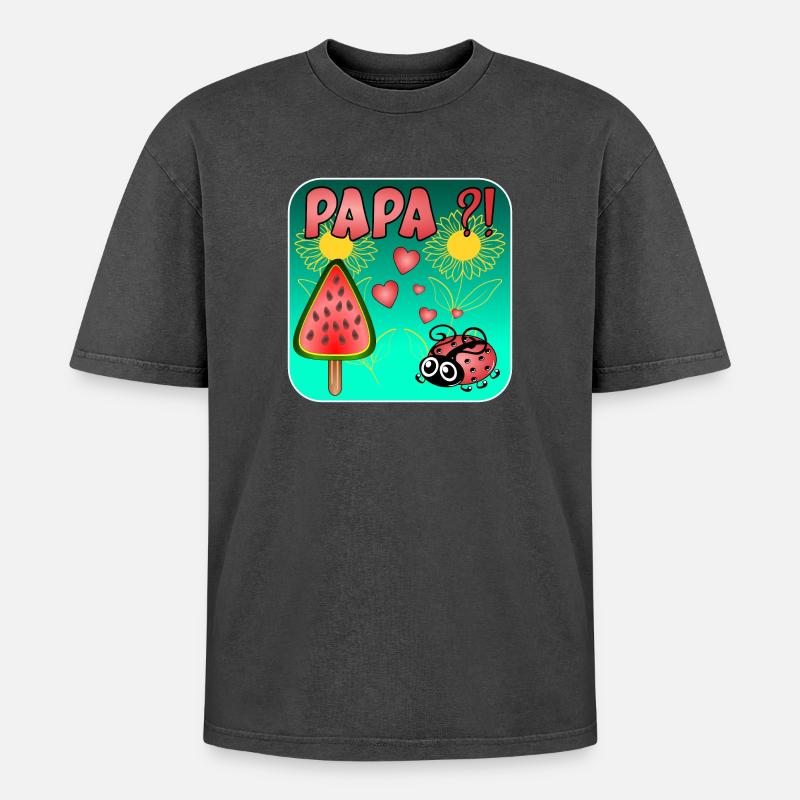 Wassermelonen Eiscreme - PAPA MARIENKÄFER - Oversized Unisex Premium Acid-Washed T-Shirt - Schwarz Acid Wash