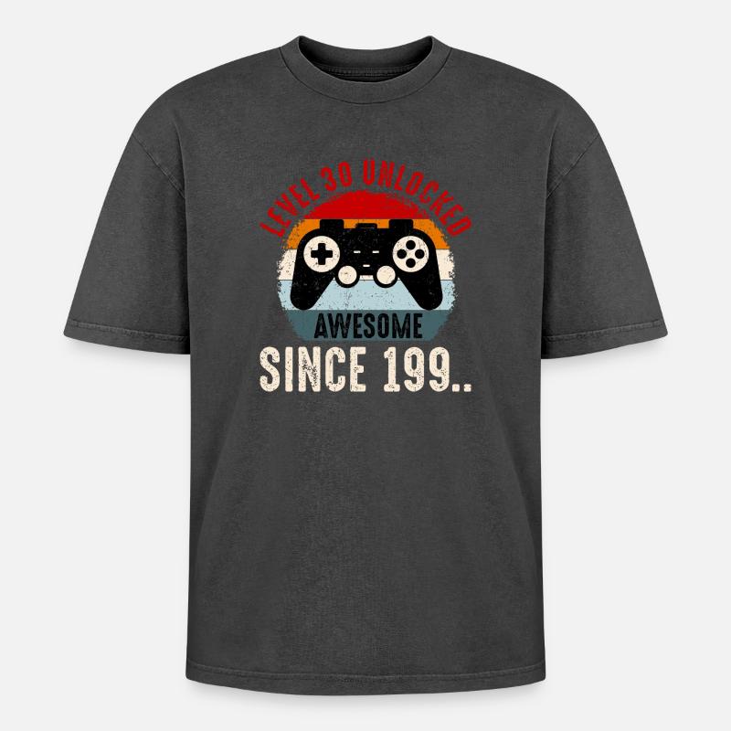 Level-30 Entsperrter Retro-Controller - Oversized Unisex Premium Acid-Washed T-Shirt - Schwarz Acid Wash