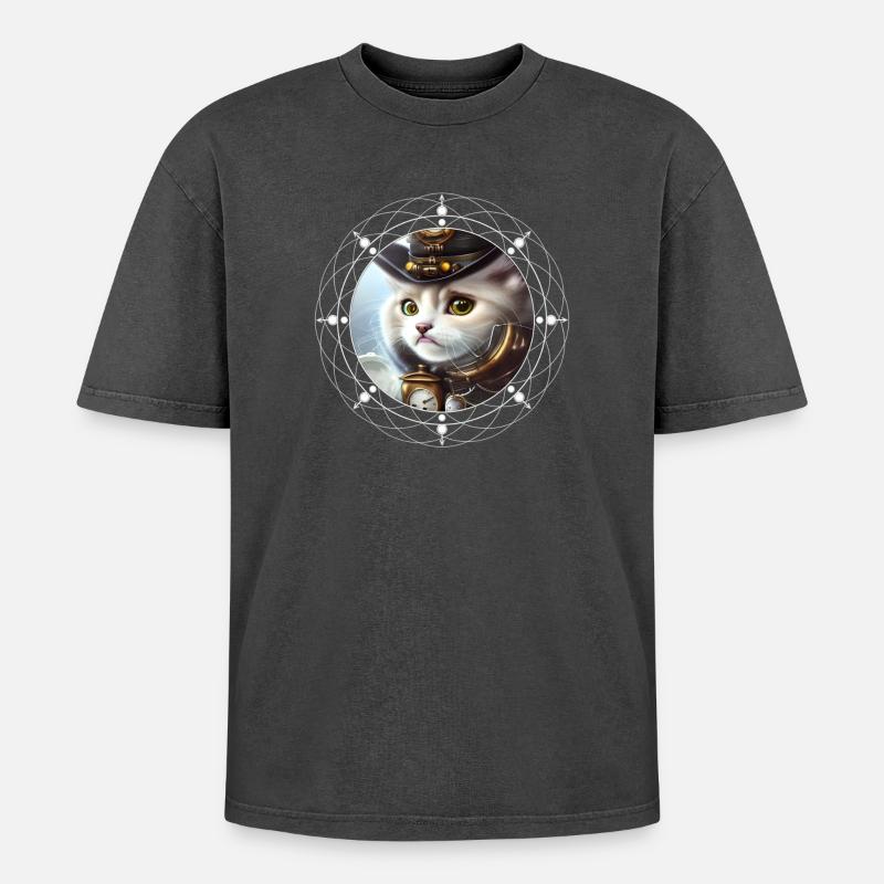 Süßes Steampunk-Kätzchen - Oversized Unisex Premium Acid-Washed T-Shirt - Schwarz Acid Wash