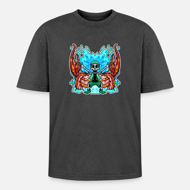 Skeleton Octopus Pirate - Oversized Unisex Premium Acid-Washed T-Shirt - acid washed black