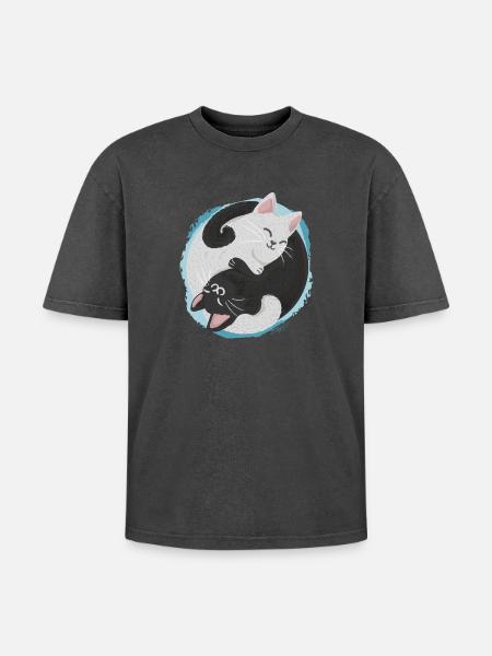 Jing Jang Cats - Oversized Unisex Premium Acid-Washed T-Shirt - acid washed black