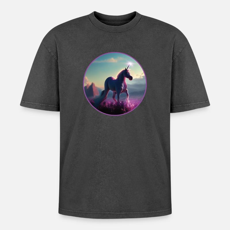 Einhorn - Oversized Unisex Premium Acid-Washed T-Shirt - Schwarz Acid Wash