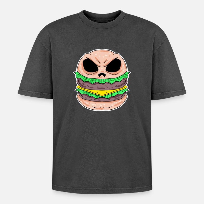 Schädel Burger - Oversized Unisex Premium Acid-Washed T-Shirt - Schwarz Acid Wash