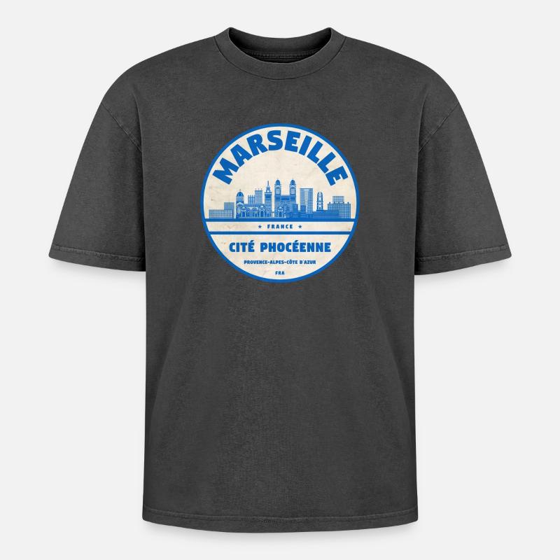 Marseille Cité Phocéenne Emblem - Oversized Unisex Premium Acid-Washed T-Shirt - Schwarz Acid Wash