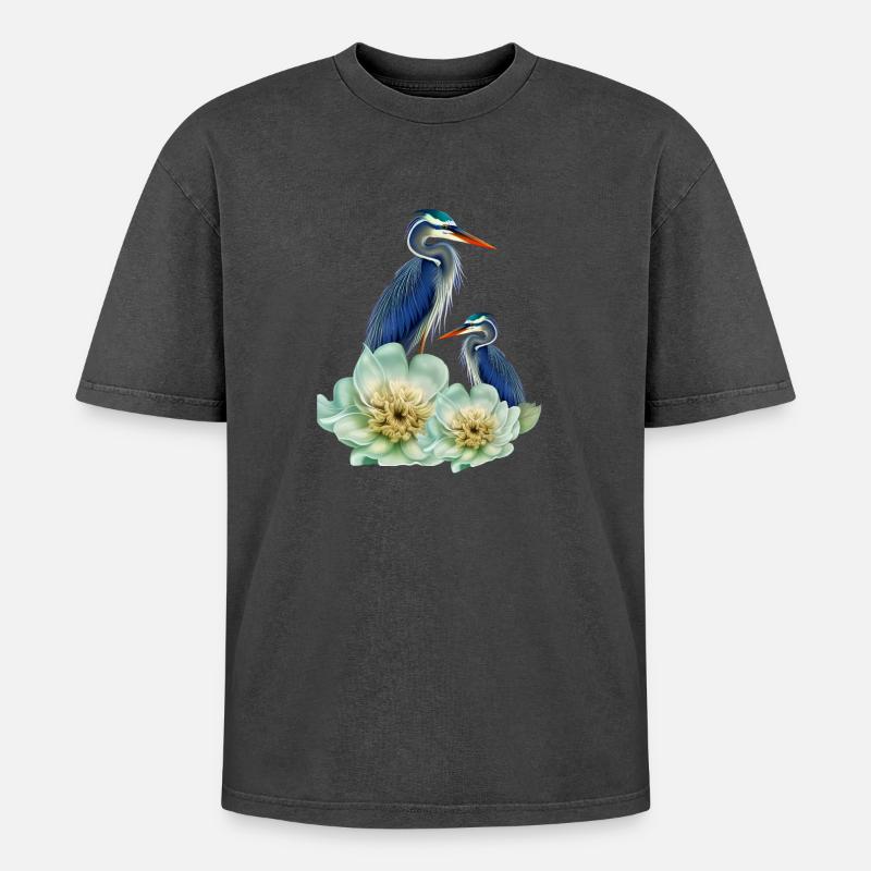 Der elegante Kranich mit Blumen - Oversized Unisex Premium Acid-Washed T-Shirt - Schwarz Acid Wash