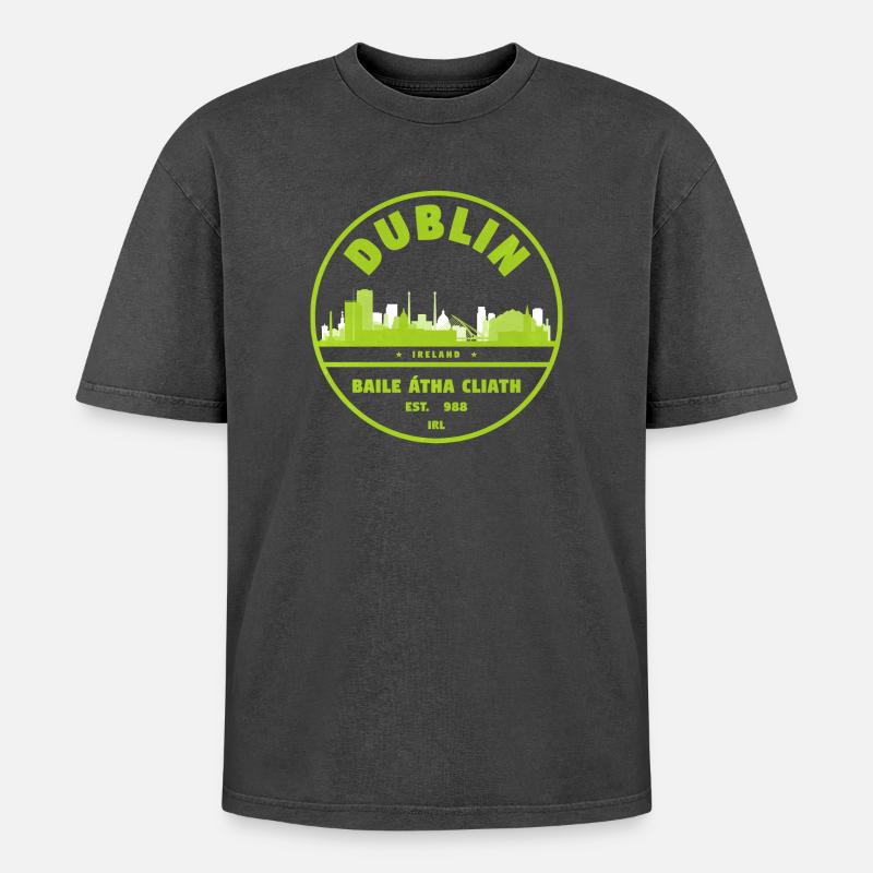 Dublin Skyline Stempel - Oversized Unisex Premium Acid-Washed T-Shirt - Schwarz Acid Wash