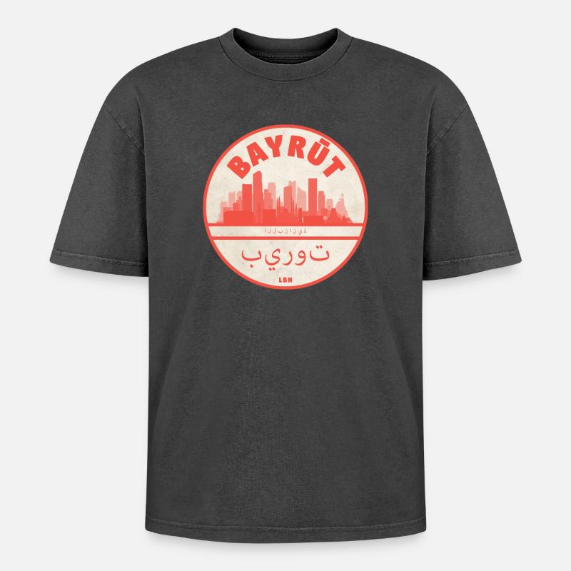 Beirut Skyline Rundlogo Rot - Oversized Unisex Premium Acid-Washed T-Shirt - Schwarz Acid Wash