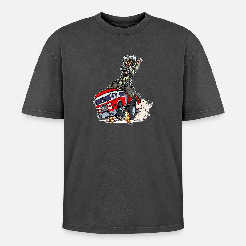 Fire Fire Engine Firefighter Rescuer - Oversized Unisex Premium Acid-Washed T-Shirt - acid washed black
