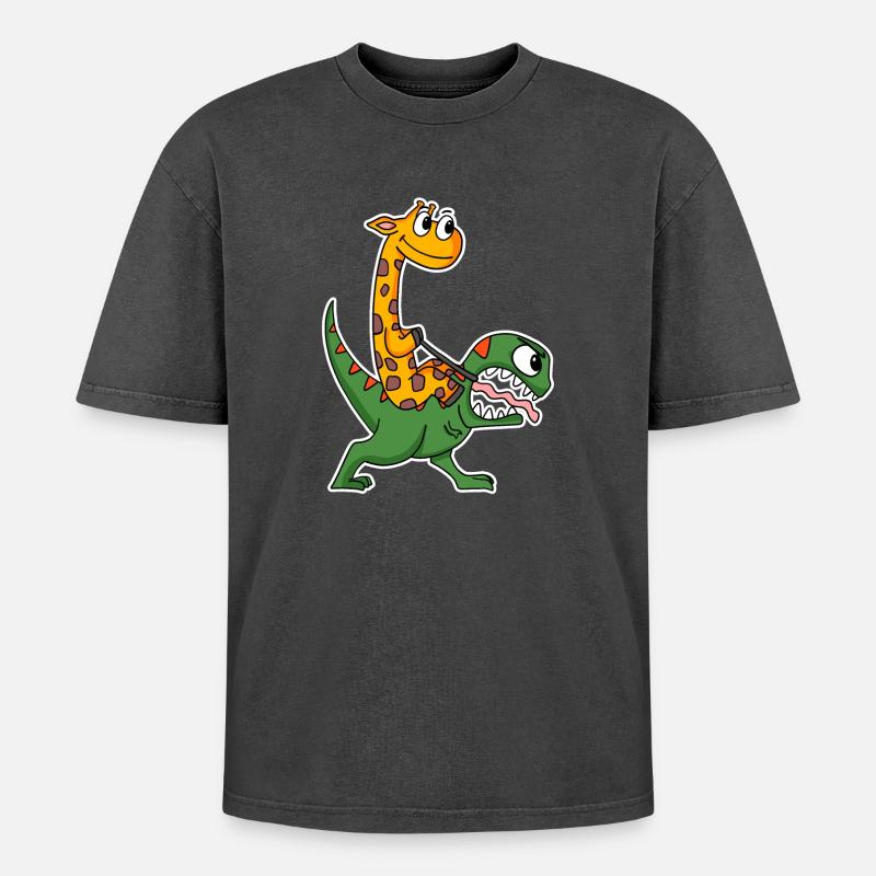 Giraffe und Dinosaurier - Oversized Unisex Premium Acid-Washed T-Shirt - Schwarz Acid Wash