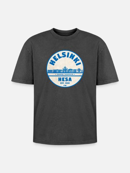 Helsinki Skyline Emblem 1550 - Oversized Unisex Premium Acid-Washed T-Shirt - acid washed black