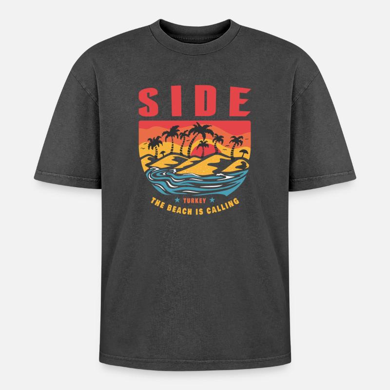 Side Turkey palm tree design - Oversized Unisex Premium Acid-Washed T-Shirt - acid washed black