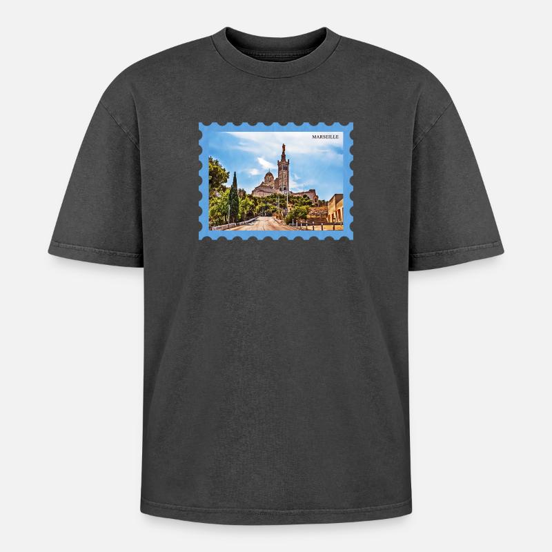 Marseille Basilika Postkarte - Oversized Unisex Premium Acid-Washed T-Shirt - Schwarz Acid Wash