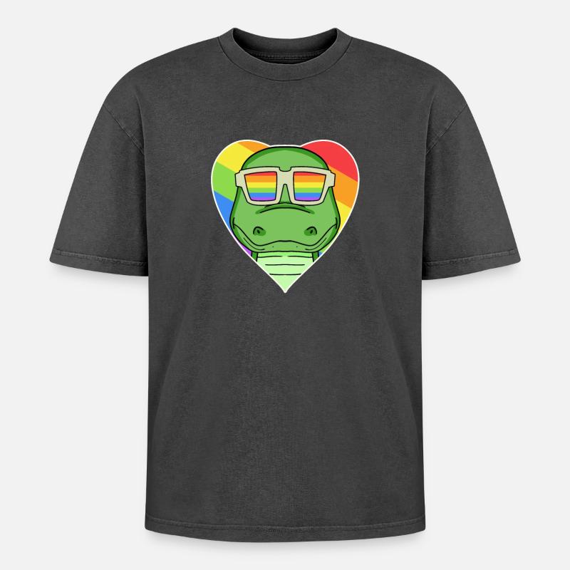 Regenbogen - Krokodil mit Brille - Oversized Unisex Premium Acid-Washed T-Shirt - Schwarz Acid Wash