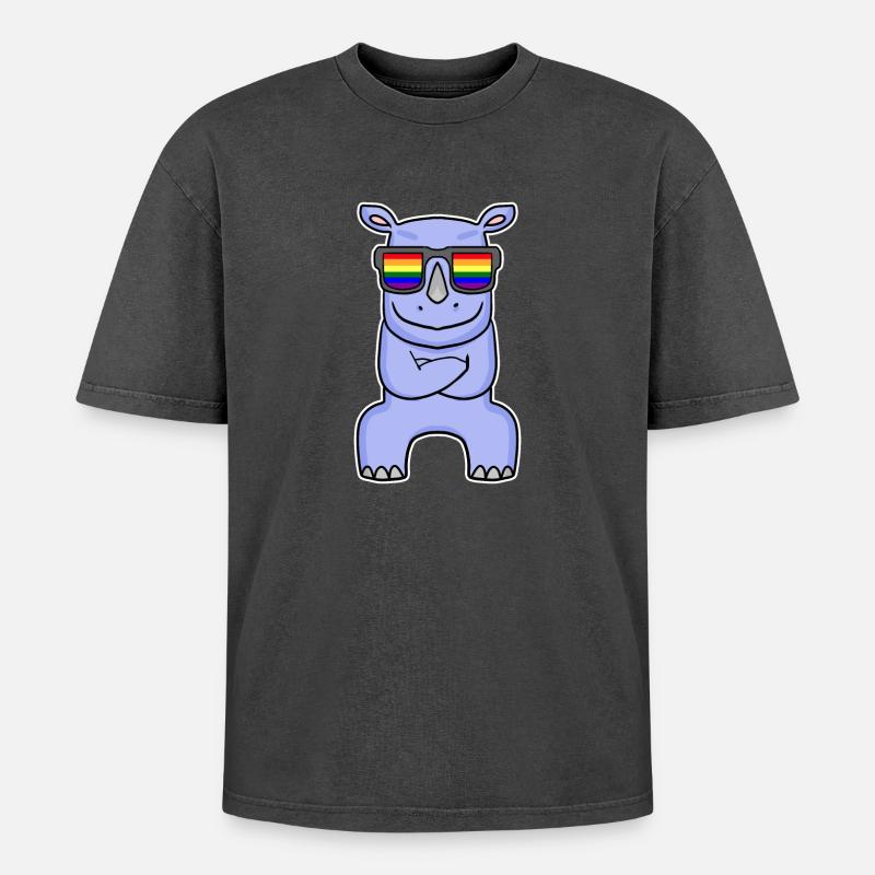Regenbogen - Nashorn mit Brille - Oversized Unisex Premium Acid-Washed T-Shirt - Schwarz Acid Wash