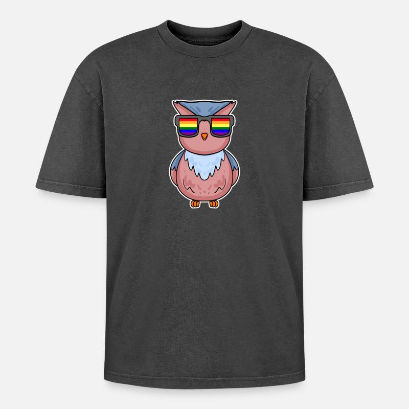 Regenbogen - Eule mit Brille - Oversized Unisex Premium Acid-Washed T-Shirt - Schwarz Acid Wash