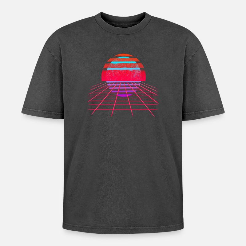 Retro Wave Sunset Vaporwave - Oversized Unisex Premium Acid-Washed T-Shirt - Schwarz Acid Wash