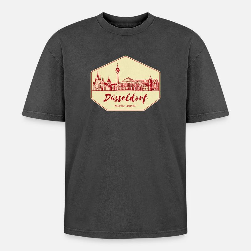Düsseldorf Skyline Badge - Oversized Unisex Premium Acid-Washed T-Shirt - Schwarz Acid Wash