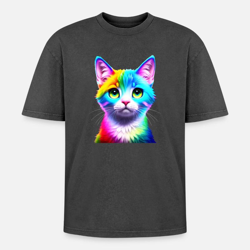 Rainbow Cat - Oversized Unisex Premium Acid-Washed T-Shirt - acid washed black