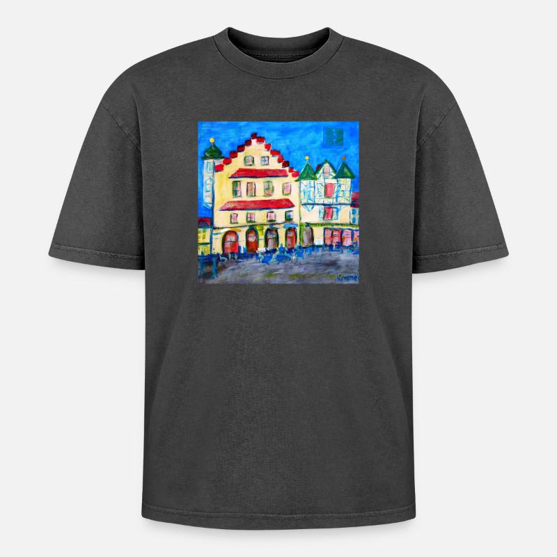 Stadtlandschaft im Expressionismus - Oversized Unisex Premium Acid-Washed T-Shirt - Schwarz Acid Wash