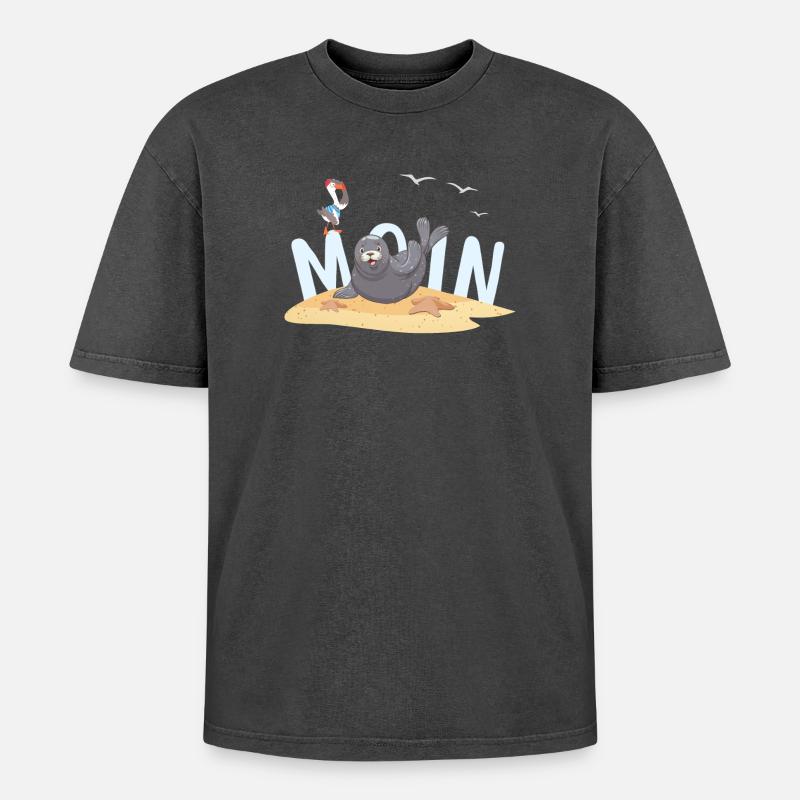 Moin Seal Seagull Beach - Oversized Unisex Premium Acid-Washed T-Shirt - acid washed black