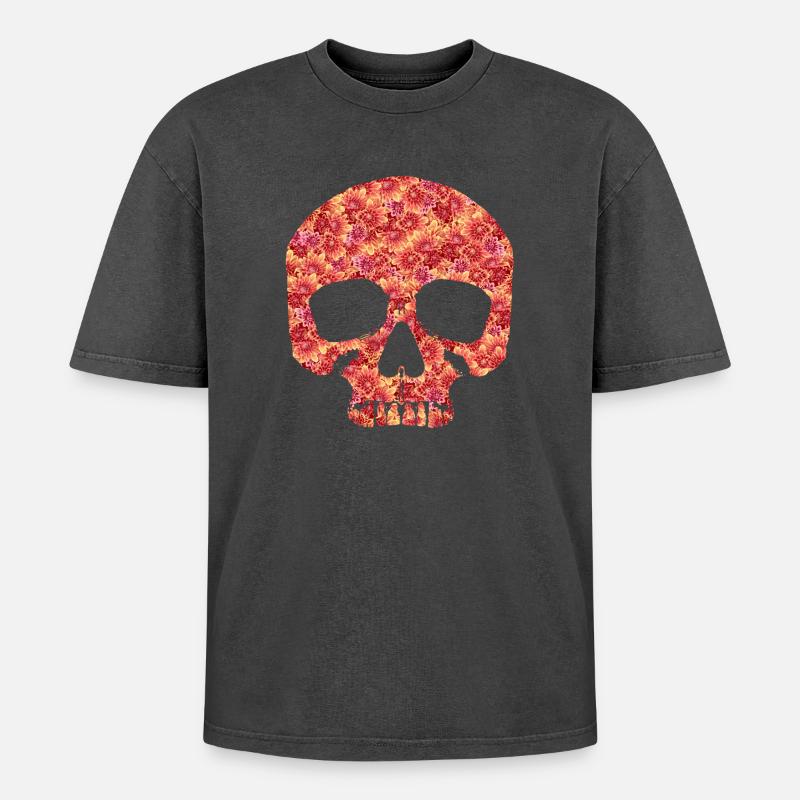 Totenkopf mit Blumen - Oversized Unisex Premium Acid-Washed T-Shirt - Schwarz Acid Wash