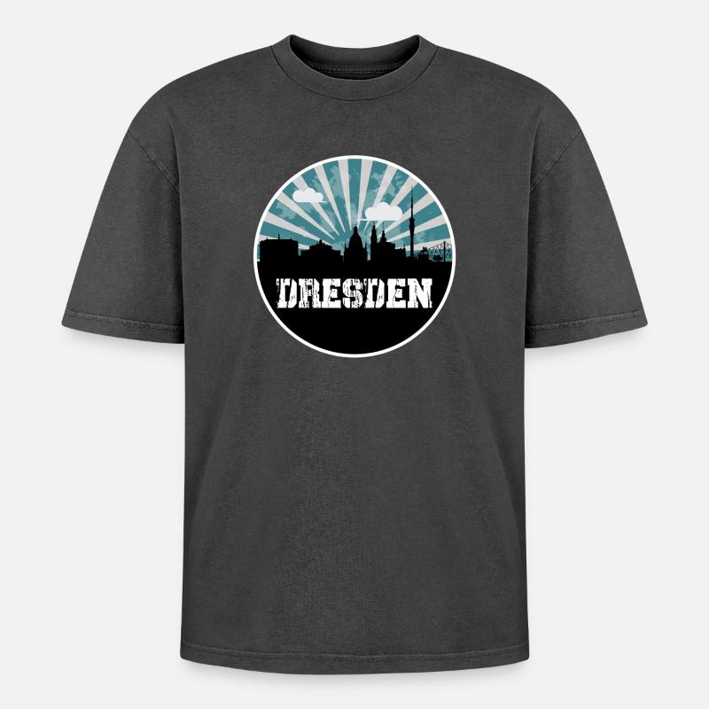 Dresden Blue Hour Skyline - Oversized Unisex Premium Acid-Washed T-Shirt - Schwarz Acid Wash