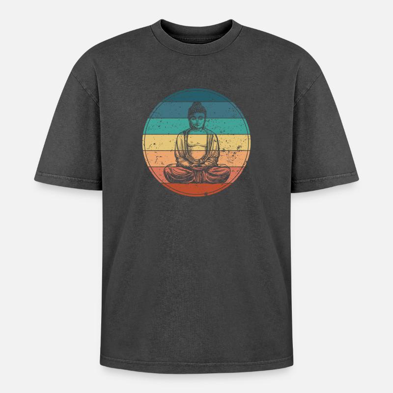 Buddha in der Regenbogen-Meditation - Oversized Unisex Premium Acid-Washed T-Shirt - Schwarz Acid Wash