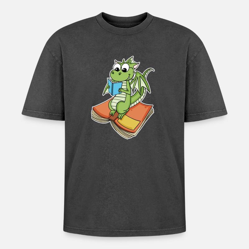Bücher Drache Drachen - Oversized Unisex Premium Acid-Washed T-Shirt - Schwarz Acid Wash
