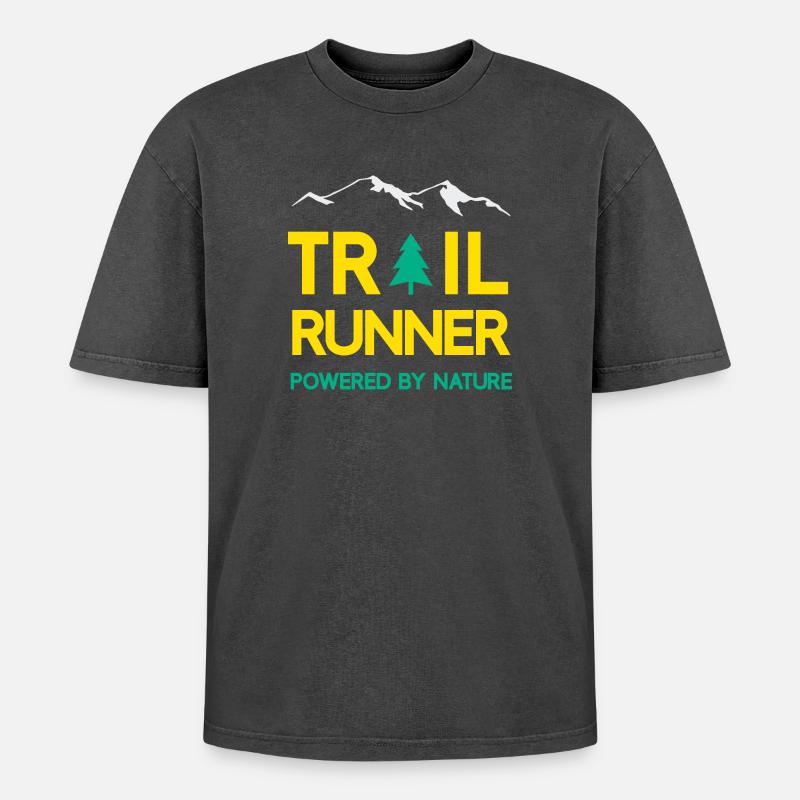 Trail Runner - Powered by Nature - Oversized Unisex Premium Acid-Washed T-Shirt - Schwarz Acid Wash
